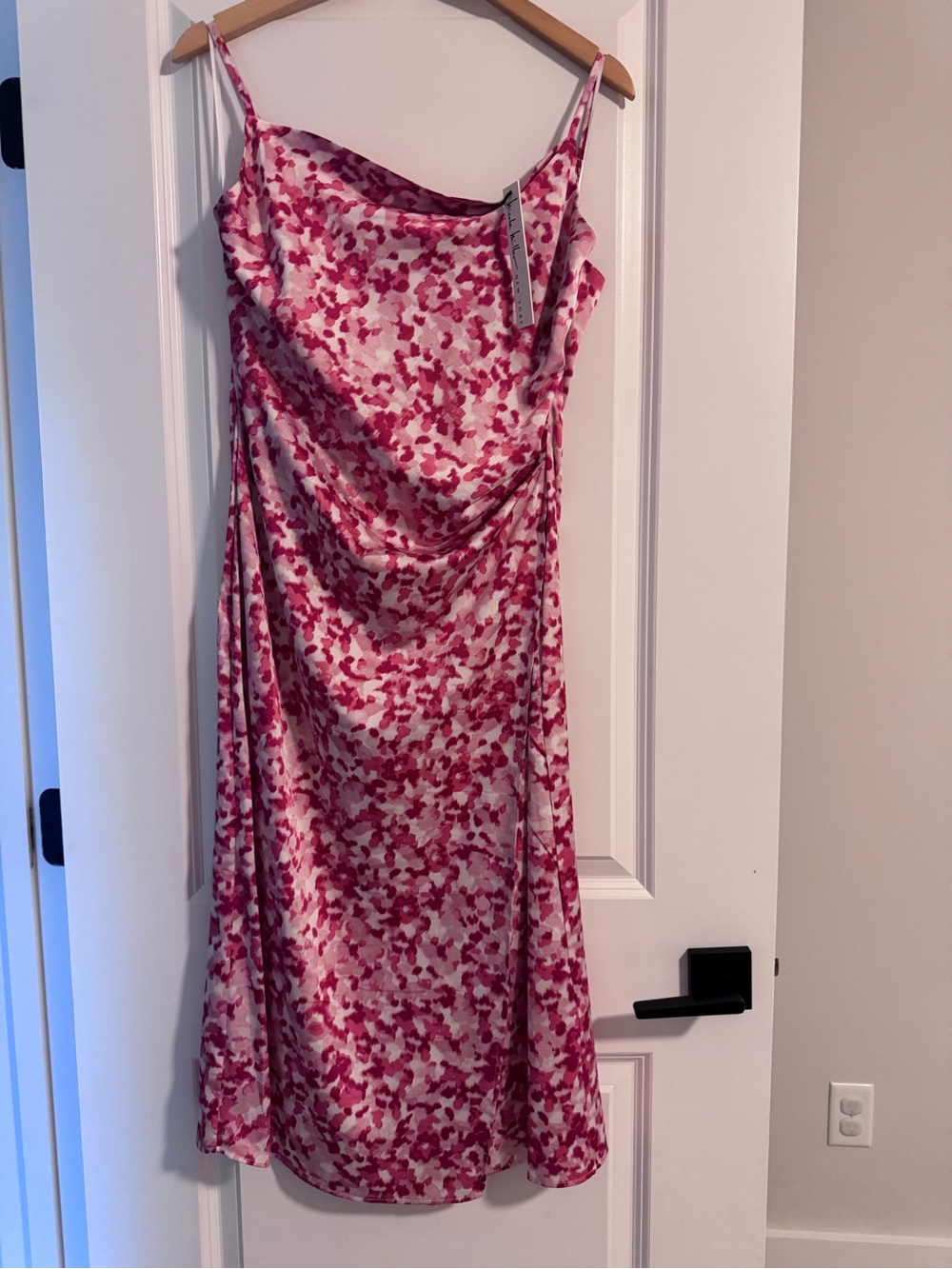 Nicole Miller Pink and White Floral Satin Midi Slip Dress